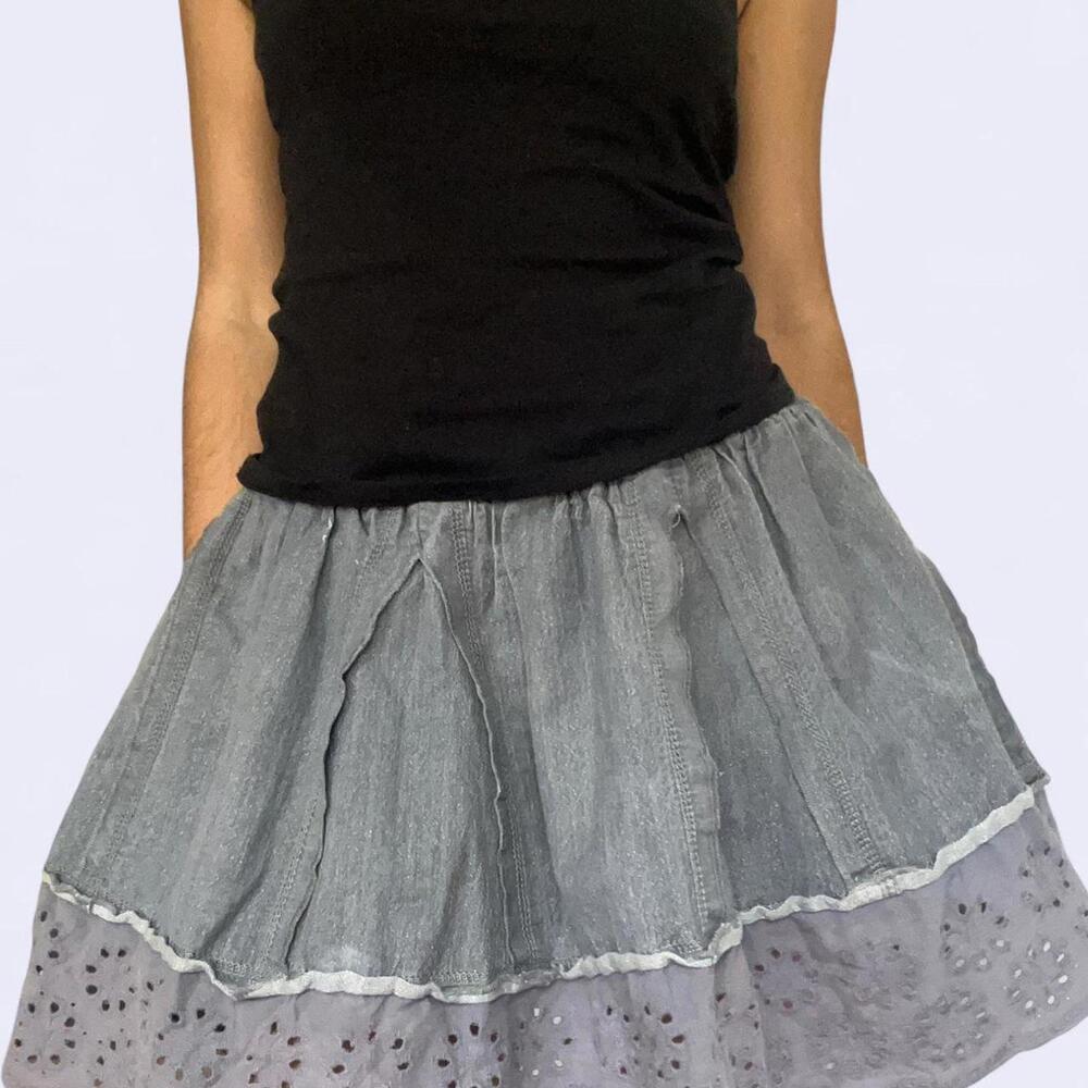 Grey metallic sparkly skirt with eyelet lace trim #denim